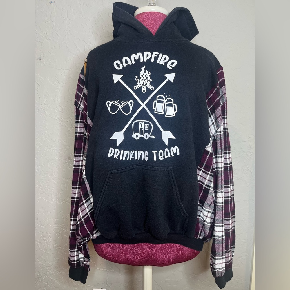Upcycled Campfire Drinking Team Hoodie with Plaid Sleeves